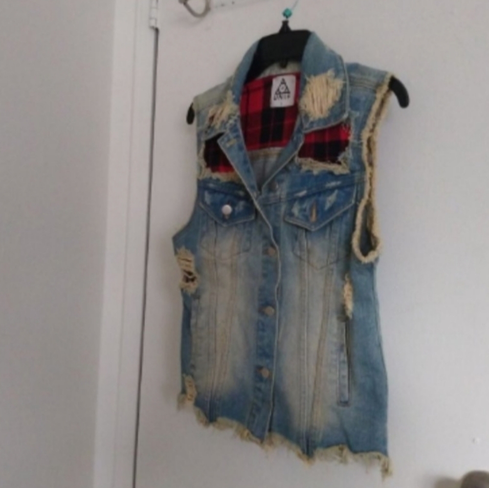 Unif Womens Plaid Distressed Denim Vest Sz S